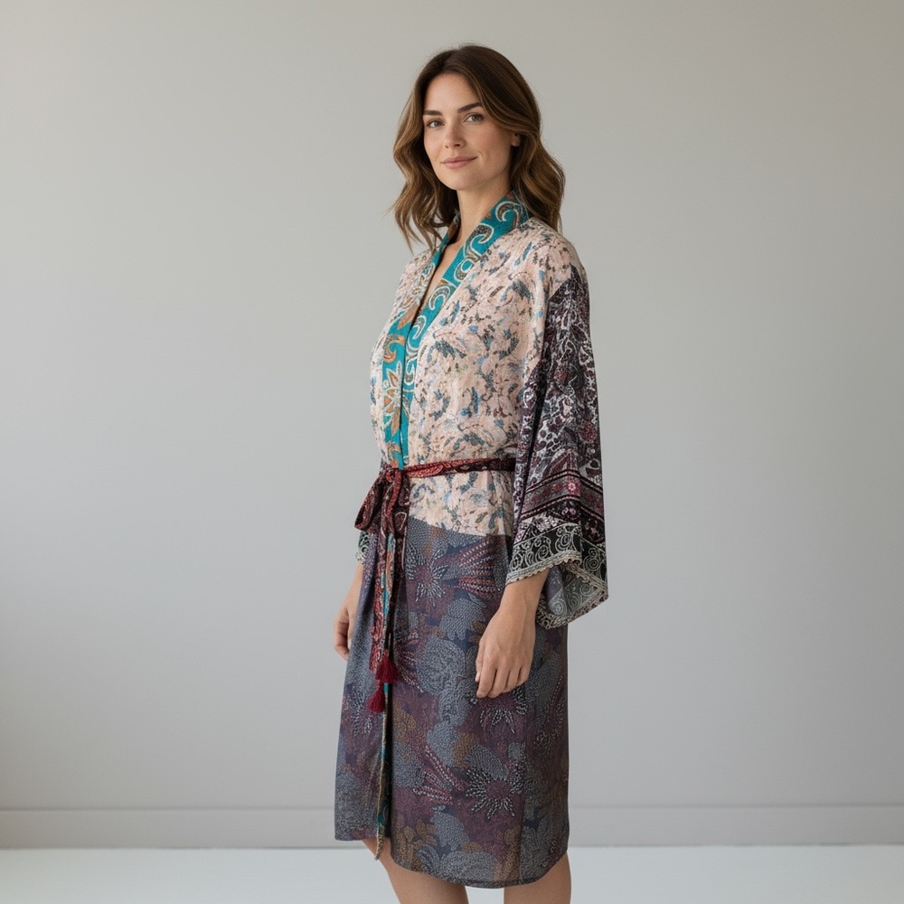 Multicolor Patterned Kimono One Size, Excellent C… - image 1